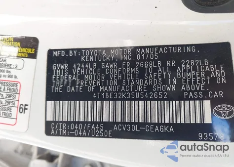 2005 Toyota Camry Xle из США, поврежденный, VIN 4T1BE32K35U542652